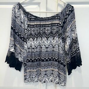 Alloy Apparel Women’s S Tall Blouse Bohemian Boho Gray Black Beige 3/4 Sleeve